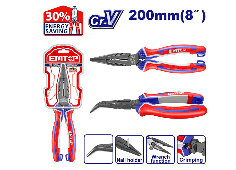 Alicates De Punta Curva 8" 200mm Cr-v EMTOP