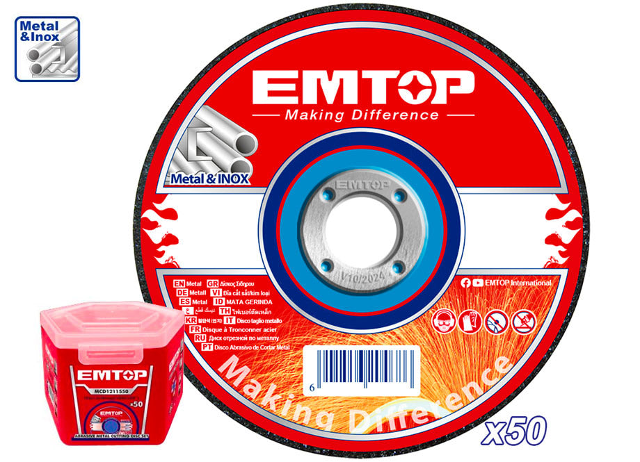 Caja 50 Discos Corte Metal Amoladora 115MM 1.2MM EMTOP