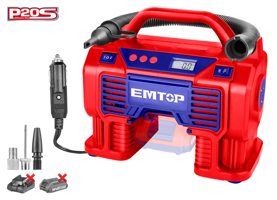 Compresor Aire EMTOP Batería 20V - P20S - (11 Bar - Cuadro Digital - Con Enchufe Coche)