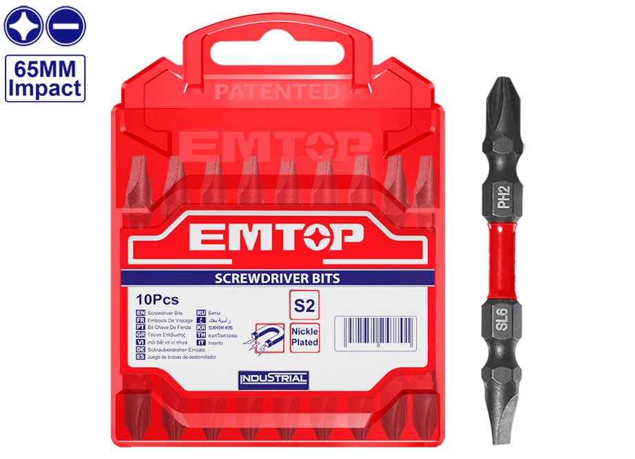 Conjunto 10 Punteras Destornillador Impacto (PH2 + SL6 - 65mm) EMTOP