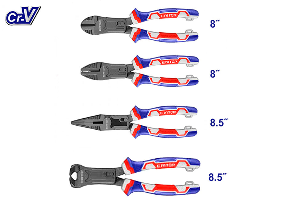 Conjunto 4 Alicates Cr-v EMTOP (combinado 8" - Corte 8" - Pinza 8,5" - Tenaza 8,5")