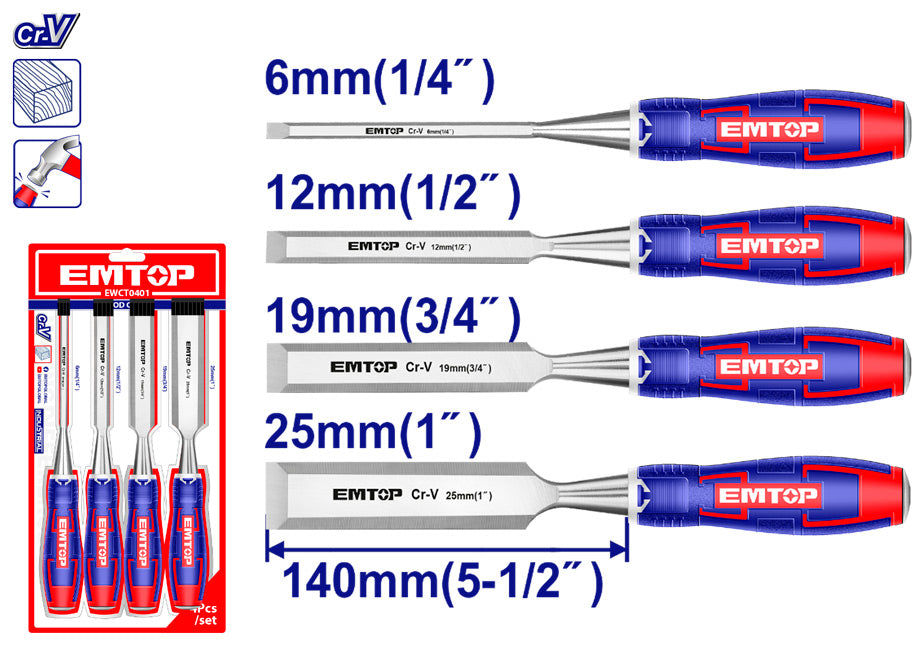 Conjunto 4 Formones Madera 140MM Cr-v (6mm, 12mm, 19mm, 25mm) EMTOP