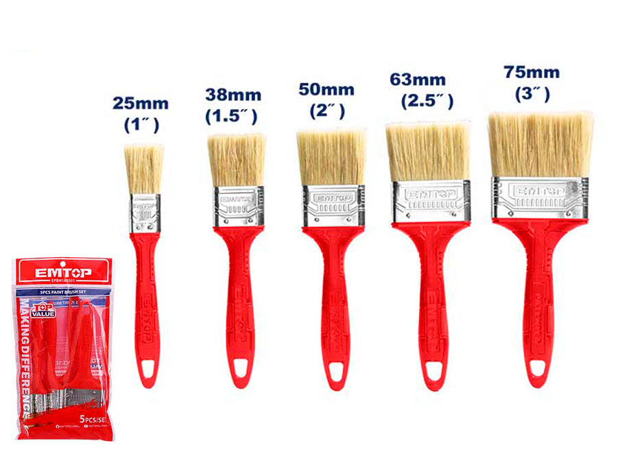 Conjunto 5 Brochas Pintor - EMTOP (1x1" - 1x1.5" - 1x2" - 1x2.5" - 1x3" - Mango Plastico)