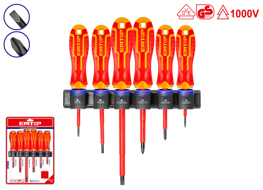 Conjunto 6 Destornilladores Electricista 1000V - EMTOP (SL3 SL4 SL6 PH0 PH1 PH2)