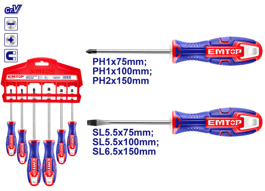 Conjunto 6 Destornilladores EMTOP (2xSL5.5 -1xSL6.5 - 2xPH1 - 1xPH2)