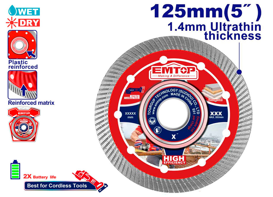 Disco Corte Malla Diamante Ultrafino Para Azulejo 125MM 1.4MM EMTOP
