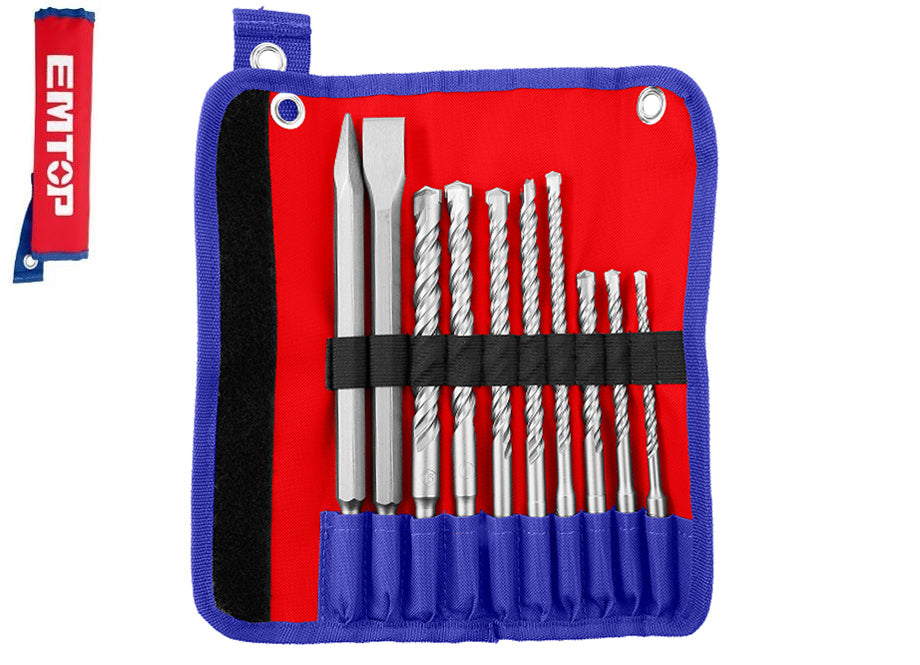 Juego 8 Brocas (6x-8x-10x160mm -8x-10x-12x-14x-16x210mm) + 2 Cinceles (14x250) SDS Plus EMTOP