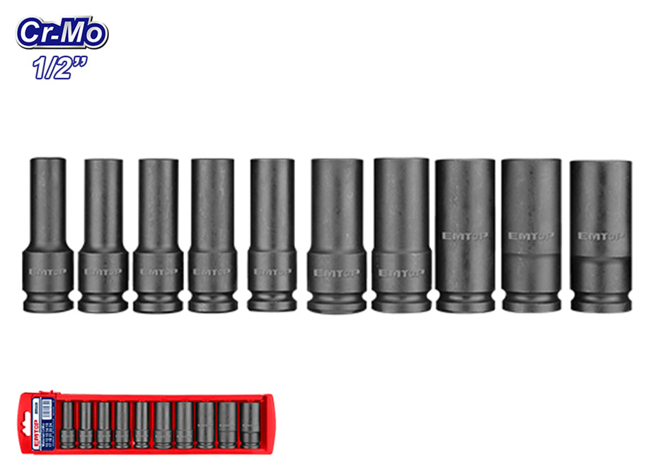 Juego Cubos De Impacto EMTOP Largos 78MM 1/2" Cr Mo - 10 Pcs (10,12,13,14,15,17,19,21,22,24)