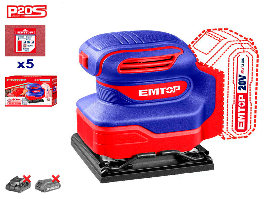 Lijadora Mouse Bateria EMTOP 20V P20S (con 5 Lijas - No Incluye Bateria Ni Cargador)