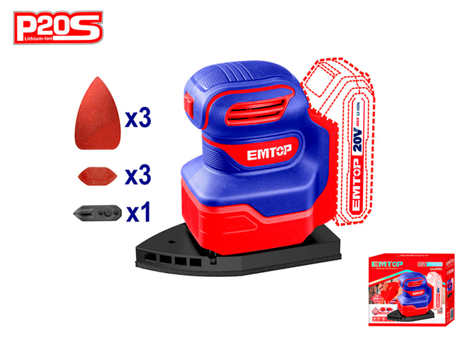 Lijadora Mouse Bateria EMTOP 20V P20S (con 6 Lijas - No Incluye Bateria Ni Cargador)