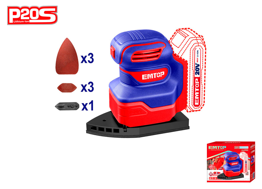 Lijadora Mouse Bateria EMTOP 20V P20S (con 6 Lijas - No Incluye Bateria Ni Cargador)
