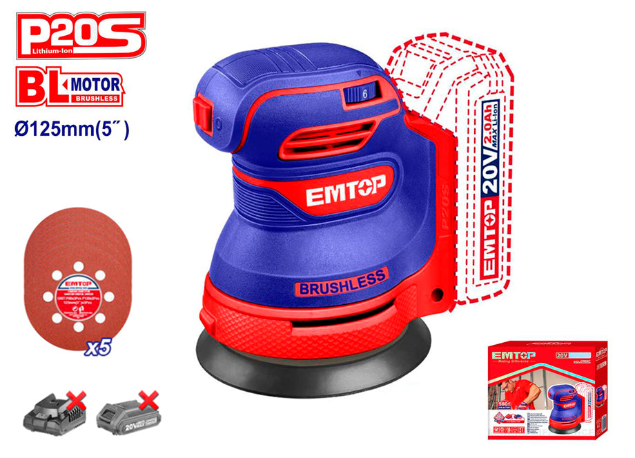 Lijadora Orbital Bateria EMTOP 20V 125mm P20S (con 5 Lijas - No Incluye Bateria Ni Cargador)