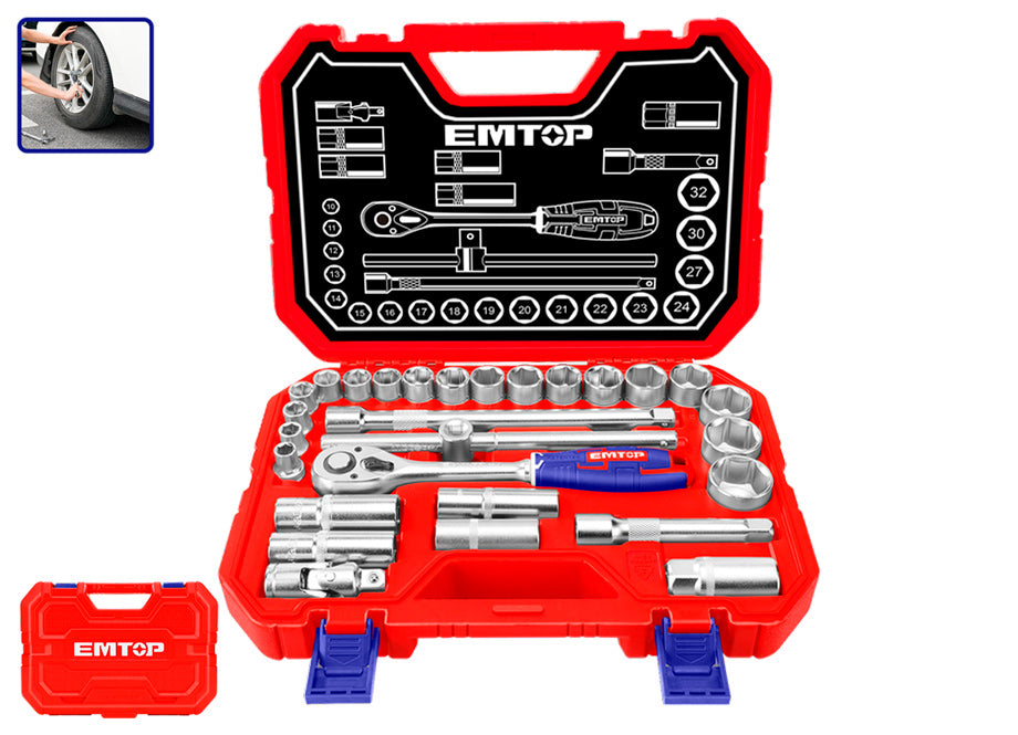 Maletin 28 Piezas 1/2" Cr-v EMTOP (incluye Vasos 10-32,CARRACA Y Extensiones)