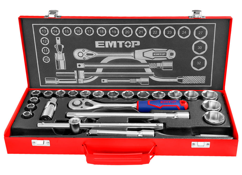 Maletin Autocle 24 Piezas 1/2" Cr-v EMTOP (incluye Vasos 10-32, Carraca Y Extensiones)