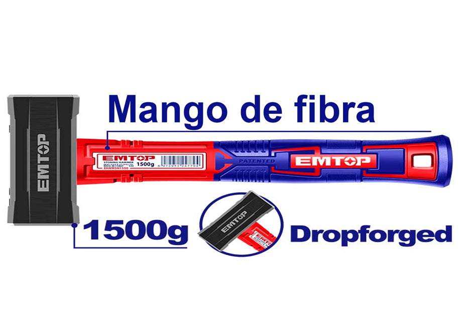 Martillo De Obra - Maza 1500g EMTOP (mango En Fibra - Forjado)