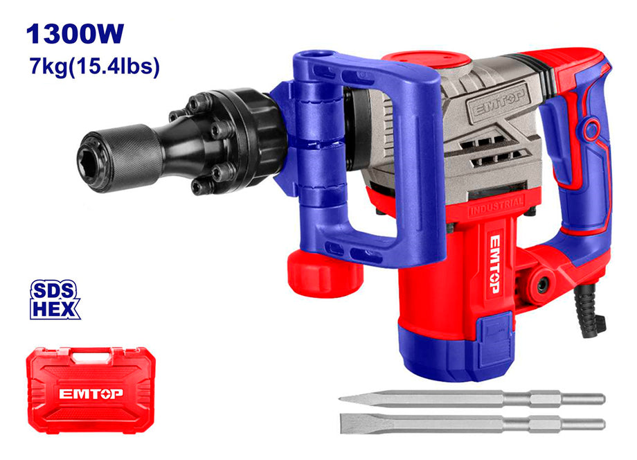 Martillo Demolicion 1300W 20J EMTOP (tipo SDS Hex - 2 Cinceles - Con Maletin)