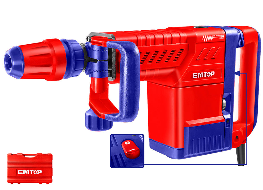 Martillo Demolicion 1500W 6-25J EMTOP (tipo SDS Max - Antivibracion - 2 Cinceles - Con Maletin)