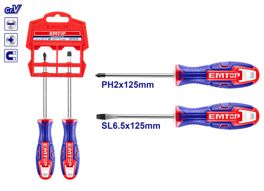 Set 2 Destornilladores Cr-v EMTOP (SL6.5x6x125 - PH2x6x125)