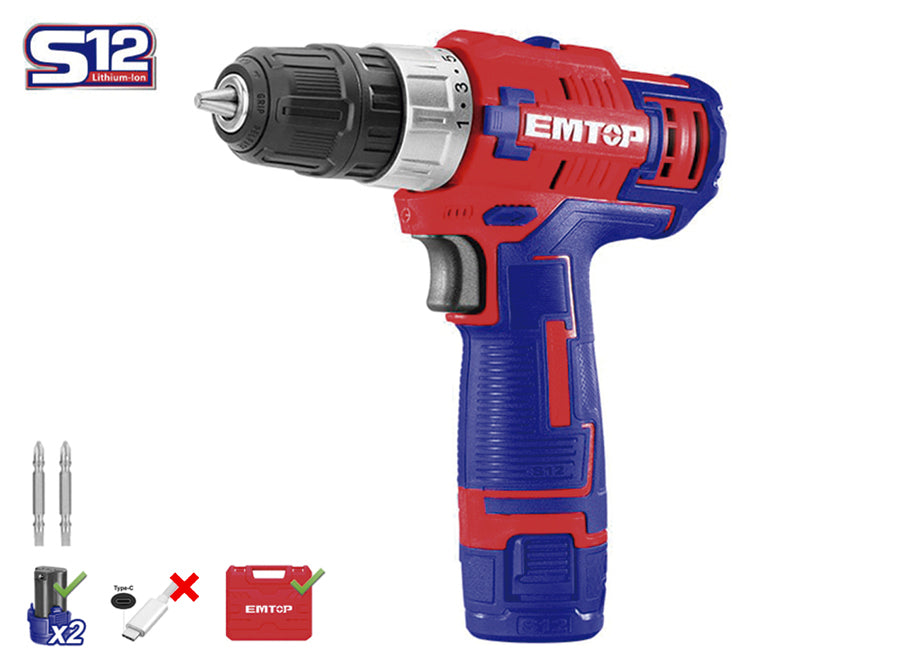 Taladro Bateria EMTOP 12V 1.5Ah 45NM (incluye 2 Baterias Y Maletin) Cargador Tipo C