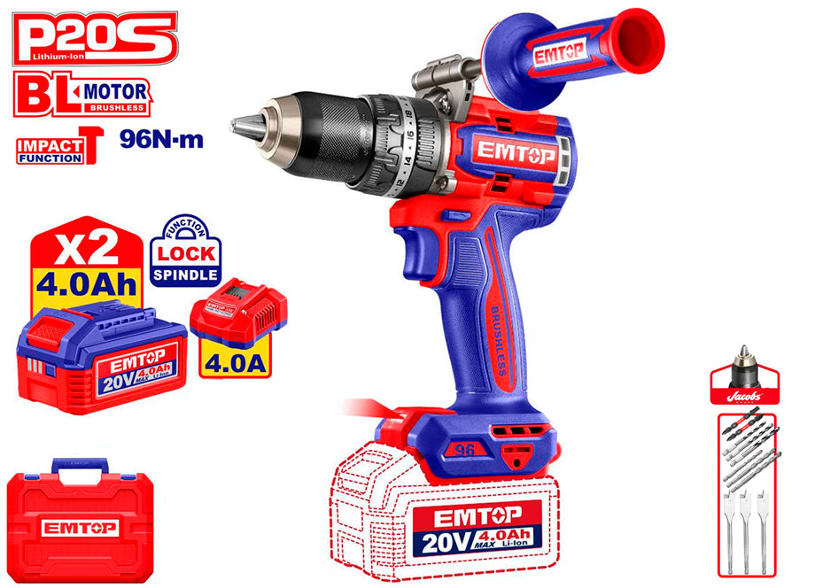 Taladro Percutor Batería 96NM P20S EMTOP (max 13MM - Incluye 2x4Ah + Carg + Maletin)